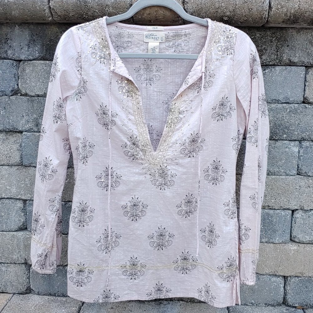 Old Navy Easy Fit Peasant Shirt XS Pink & Gold